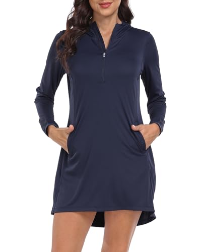 HDE Beach Coverups for Women UPF 50 Long Sleeve Swim Cover Up Dress with Hood Quick Dry Sun Protection Tunic with Pockets Maritime Navy Blue - XL
