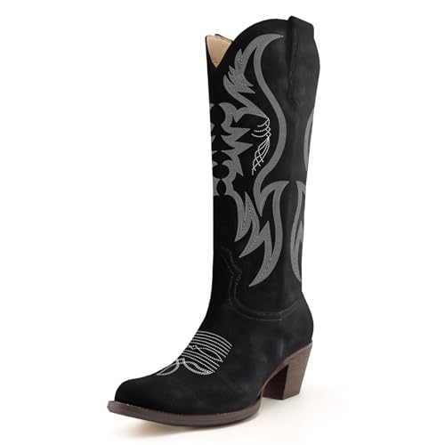 Image of KaroNairy Women Cowboy Boots Faux Suede Embroidered Pointed Thick Heeled Western Wide Calf Cowgirl Ponited Toe Mid Calf Boots