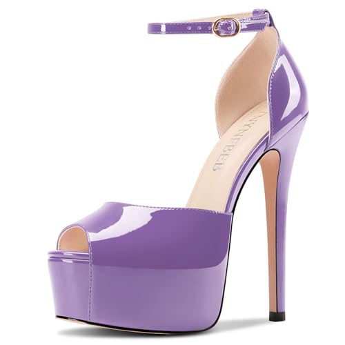 Image of TNYNFBEB Womens Stiletto High Platform Heel Peep Open Toe Sandals Ankle Strap Buckle Prom Party Dress Patent Leather 6.1 Inches Heels
