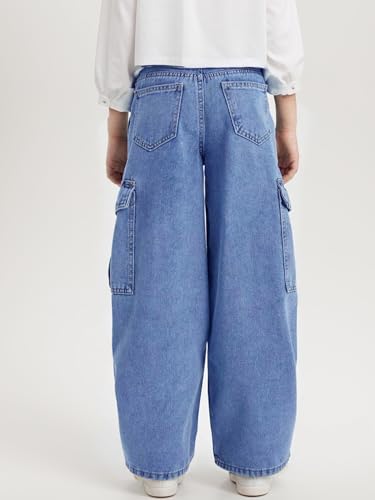 Girls Cargo Pants with Pockets Elastic Waistband Kids Wide Leg Youth Loose Straight School Trousers 4-12 Years4