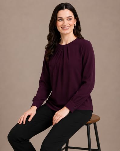 Image of Mirana Women's Full Sleeve Solid Top | Round Neck Pleated Front Regular Fit Office Casual Blouse with Button Cuffs