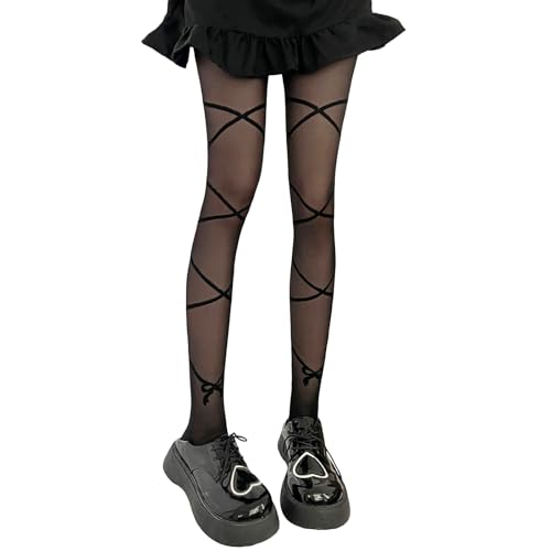 Image of Y2K Patterned Sheer Tights for Women Gothic Punk Thigh High Pantyhose Harajuku Lolita Bandage Fishnet Stockings