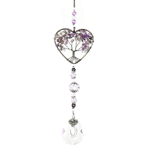 Amethyst Sun Catcher Purple Tree of Life Sun Catchers for Windows Natural Chakra Healing Crystal Windows Decor Heart Shaped Crystal Hanging Ornament for Window Home Garden and Car Decoration