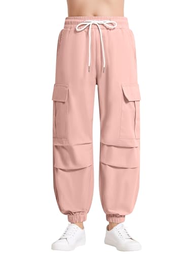 Image of JiAmy Girls Cargo Pants Elastic High Waist Drawstring Pants Jogger Trousers Casual Loose with Pockets 6-14Y