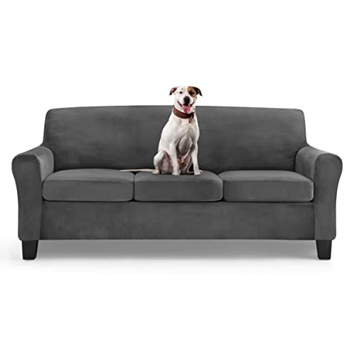 Mcolima Sofa Covers For 3 Cushion Couch Velvet Sofa Slip Cover 4 Piece Stretch Couch Covers For 3 Seater Sofa,Large Gray #TOP2