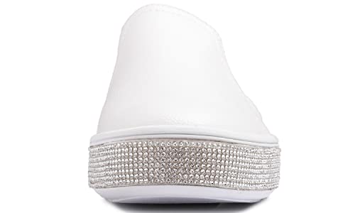 Image of FEVERSOLE Women's Fashion Slip-On Sneaker Casual Platform Loafers White Silver Rhinestone Shoes Size 8.5 M US