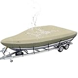 Explore Land 900D Trailerable Waterproof Boat Cover Fits 14'-16'Long Beam Width up to 76' V-Hull Tri-Hull Runabout Fishing Ski Pro-Style Bass Boats, Tan