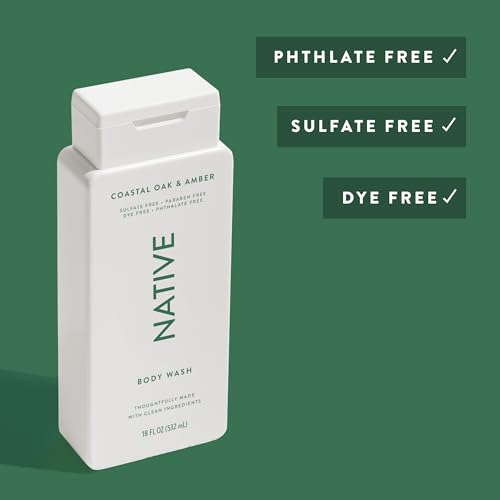 Image of Native Body Wash Contains Naturally Derived Ingredients | For Women & Men, Sulfate, Paraben, & Dye Free Leaving Skin Soft and Hydrating | Coastal Oak & Amber 18 oz