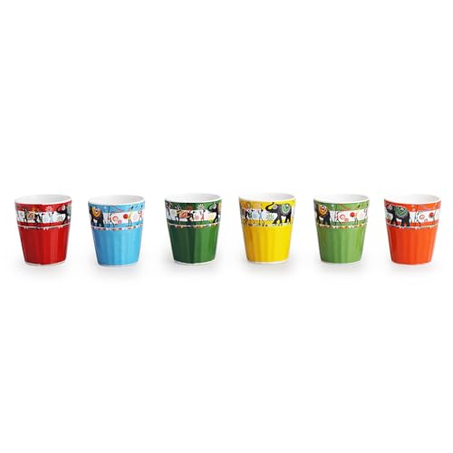 Image of ExclusiveLane 'Elephant & Camel Motifs' Ceramic Tea Cups Set of 6 for Tea Cups Ceramic (Set of 6, 120 ml, Microwave Safe, Without Handle) | Coffee Cup Set Ceramic Cups Tea Cup Chai Cups for Tea