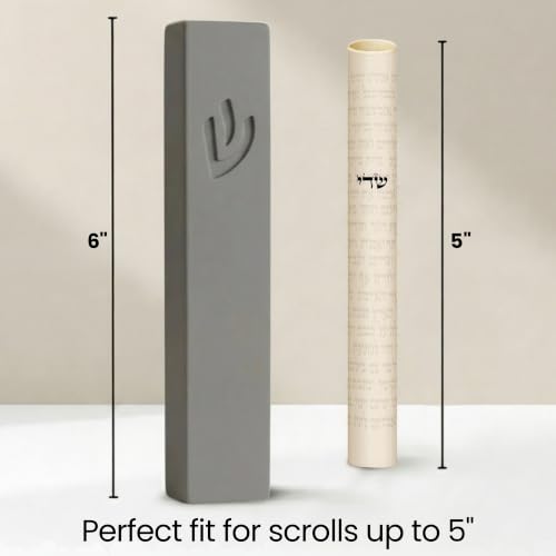 Image of SURI Mezuzah for Door - 6 Inch Light Gray Concrete Mezuzah Case with Non Kosher Scroll, Self-Stick Jewish Entry Design, Fits a 5 Inch Scroll, Gift Box Included