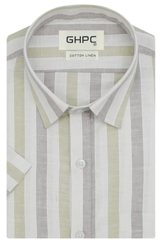 Image of GHPC Cotton Linen Striped Half Sleeves Regular Fit Formal Shirt for Men