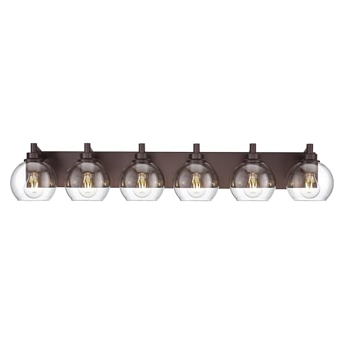 Image of 6-Light Bathroom Vanity Light, Oil Rubbed Bronze, Clear Globe Glass | 38.5 inch ORB vanity light for 48-60 inches mirrors, clear globe glass shades, E26 base, hardwired, up /down mount, VL195-ORB-6
