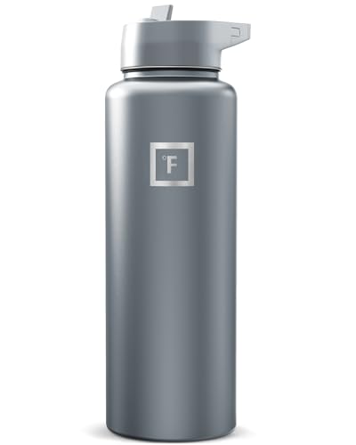 Image of IRON FLASK Camping & Hiking Hydration Flask with Straw, Wide Mouth Insulated Stainless Steel Sports Water Bottle - Graphite 40 oz - Straw (1 Lid)