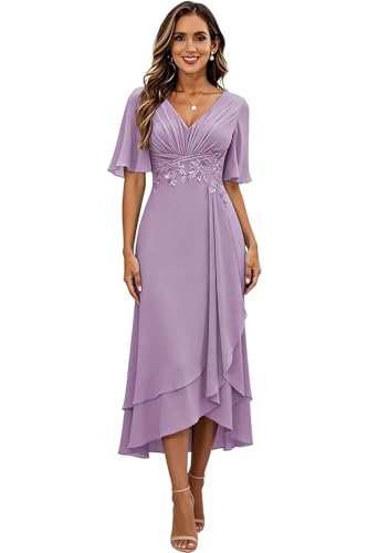 Image of Lace Applique Mother of Bride Dresses Chiffon Mother of the Groom Dresses Tea Length Formal Evening Dress with Sleeve