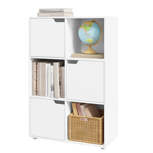 WOLTU Bücherregal, für Arbeitszimmer Schlafzimmer & Wohnzimmer, Bücherschrank mit 3 Türen und 6 Fächer, Aufbewahrungregal, 59,6 x 91 x 29 cm (B x H x T)