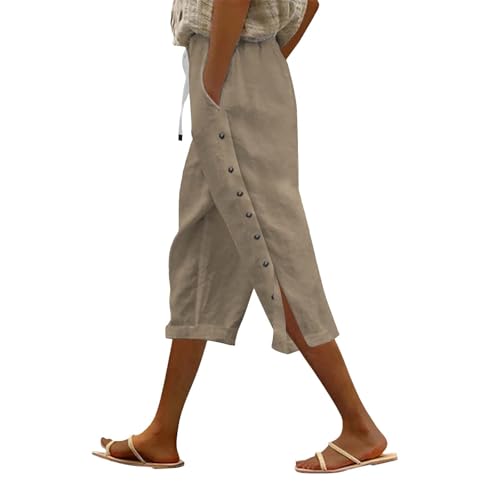 Pantalones de lino para mujer de verano 3/4, pantalones de chándal para mujer, pierna ancha, pantalones de verano, ligeros y aireados, pantalones de playa con bolsillos, pantalones de deporte con
