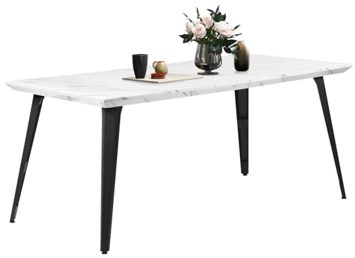 FurnitureR Dining Table 62.9 Inch for 4-6 Person with Sturdy Faux Marble Print Tabletop and Metal Steel Legs, Stylish Rectangular Functional Table for Kitchen Dining Room, Marble White