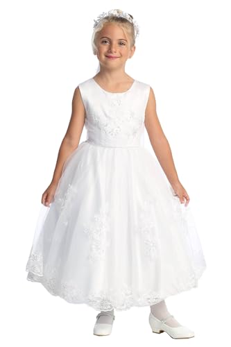 Sleeveless Holy First Communion Dress for Girls with a Satin Top and Tulle Skirt Available in Plus Size