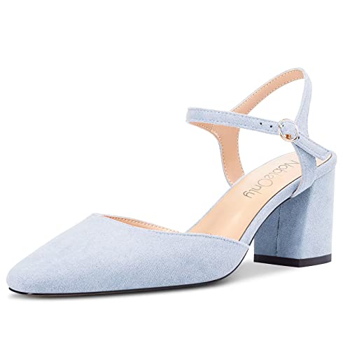NobleOnly Mujer Medio Chunky Ancho Heel Cerrado el Dedo del pie Cuadrada Punta Slingback Correa Tobillo Sandalias Fiesta Dress Zapatos 6.5 CM Heels Azul Claro 37 EU