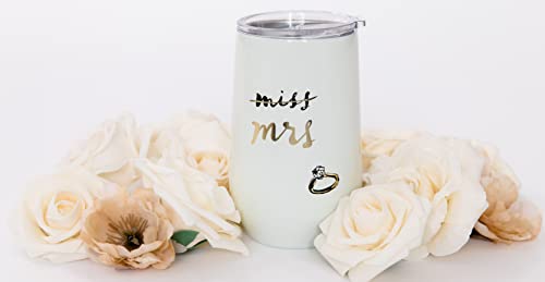Kate Spade New York Insulated Bridal Stainless Steel Wine Tumbler, 16 Ounce Double Wall Tumbler For Bride To Be, Stemless Travel Cup With Lid, Miss To Mrs. (White) #TOP4