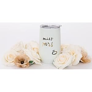 kate spade new york Insulated Bridal Stainless Steel Wine Tumbler, 16 Ounce Double Wall Tumbler for Bride to Be, Stemless Travel Cup with Lid, Miss to Mrs. (White) kate spade new york Insulated Bridal Stainless Steel Wine Tumbler 16 Ounce Double Wall Tumbler for Bride to Be Stemless Travel Cup with Lid Miss to Mrs White