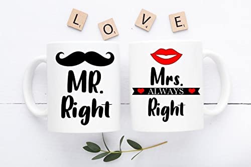 GLOW Mr Right and Mrs Always Right Mug Set of 2 Mugs Funny Couples Married Coffee Tea Cup Gift Gifts for Him Her Valentines Day Wife Husband