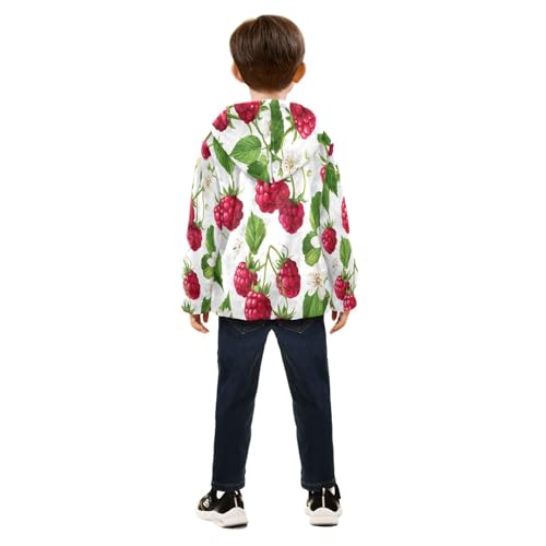 Raspberry Flower Leaf Pattern Toddler Fleece Jacket Girl Boys Hooded Fleece Jacket Coat Warm Outwear Zip-up 3-10T4
