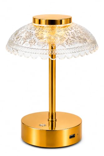 Image of Humongous LED Crystal Table Lamp with Touch Control, 3 Color Modes, USB Rechargeable, Gold Acrylic Flower Shade, Dimmable Bedside Lamp for Bedroom, Living Room, Office, Cafe Decor & Gifts Use
