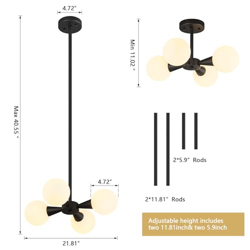 Image of Modern Ceiling Light with Milk White Glass lampshade Black Semi Flush Mount Ceiling Light Fixture Sputnik Chandelier for Bedroom Living Room Dining Room Foyer Hallway(4-Lights)