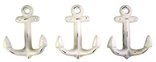 QQV Primitive White Cast Iron Anchor Wall Hooks, Nautical Decor, 5 3/4 Inches, Set of 3
