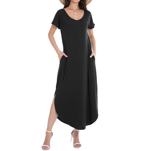 Image of Matchstick Women's Flowy Maxi Dress V-Neck Relaxed Loose Fit Short Sleeve Casual Sundress with Pockets Side Split Beach Dress