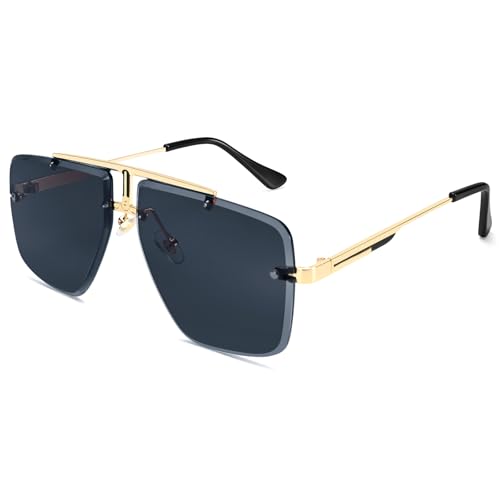 Image of Rimless Oversized Square Sunglasses for Men Trendy Fashion Big Shades Tinted Lens Gold Metal Frameless Glasses UV400