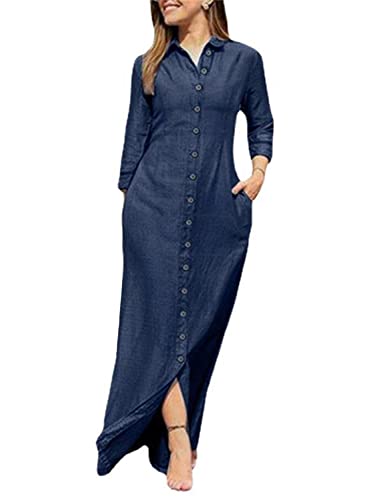 utcoco Womens Casual Button Down Denim Maxi Dress Lapel Long Sleeve Long Jean Dresses with Pockets