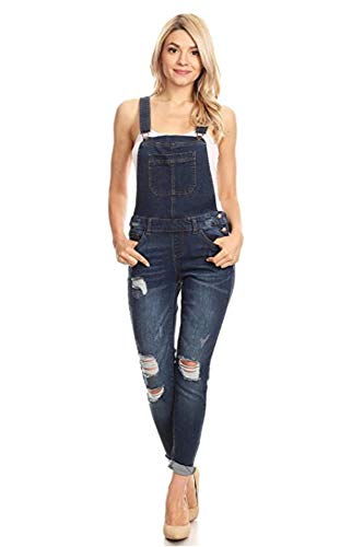 wax jean Women's Junior Ankle Length Skinny Leg Distressed Denim Overalls (XL, Dark Wash)