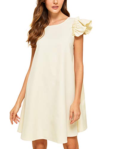 Romwe Women's Ruffle Trim Sleeve Summer Beach A Line Loose Swing Dress Off-White S