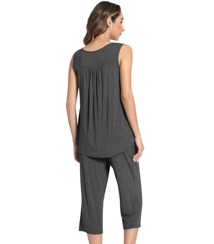 Image of NACHILA Pajamas for Women-Viscose Made from Bamboo, Sleeveless Pjs Top and Capri Pants Pajama Set Cool Pleated Sleepwear
