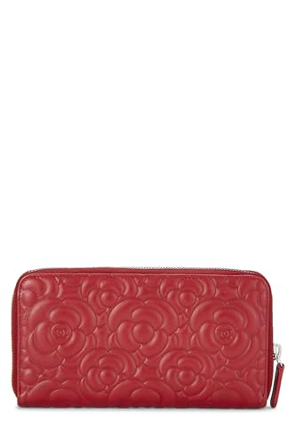 Pre-Loved Red Embossed Camellia Leather Zip Around Wallet, Red3