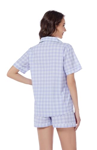Image of LUBOT 100% Cotton Pajamas for Women 2 Piece PJ Set Poplin Woven Lightweight Ladies Button Short Sleeve Sleepwear S-XXL