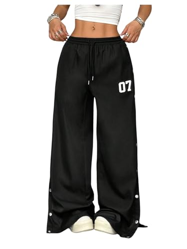 Verdusa Women's Number Graphic Wide Leg Pants Drawstring Waist Button Side Baggy Trousers