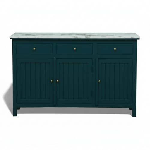 Image of Solid Wood Madrid 3 Door Sideboard Cabinet with Sintered Stone Top for Living Room | Acrylic Emerald Green Finish | 130x40x80 cm