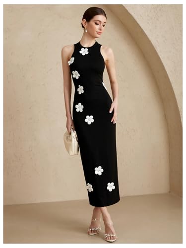 Women's 3D Floral Sleeveless Dress Crew Neck Cut Out Bodycon Going Out Maxi Dresses4