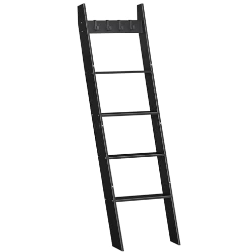 HOOBRO Blanket Ladder for Living Room and Bedroom 5-Tier Wall Leaning Towel Rack for Bathroom Decorative Ladder Shelf with 4 Removable Hooks Farmhouse Blanket Storage Black BB51CJ01G1