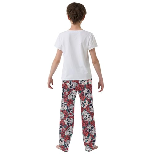 Skull with Rose Floral Boys Long Pants Soft Trousers Elastic Waist Kids Lounge Bottoms with Pockets S-XL3