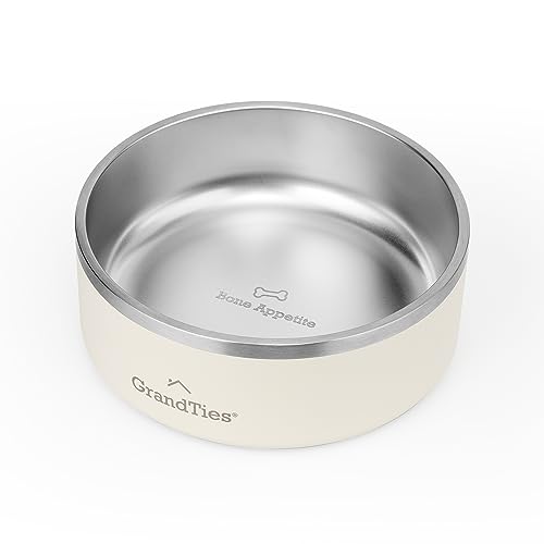 GrandTies Futternapf aus Edelstahl mit Gravur, wiederverwendbar, BPA-frei, isoliert, für Katzen und Hunde, groß, robust, rutschfest, auslaufsicher, für den Außenbereich (1250mL, Elfenbeinweiß)