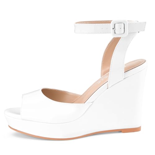 Image of Women's Dressy Platform Wedge Sandals Gold Wedges Peep Toe Patent High Heels Slingback Heeled Comfortable Ankle Strap Shoes