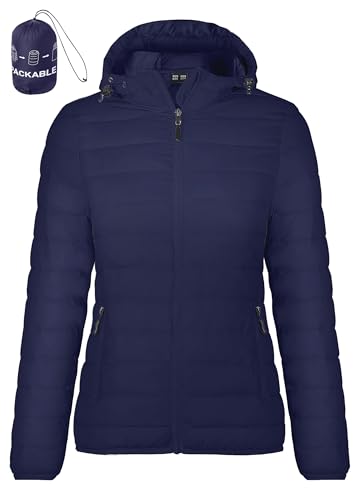Zdoynto Chaqueta acolchada para mujer, chaqueta ligera de plumón, chaqueta acolchada con capucha, cálida chaqueta de invierno, ligera, para otoño e invierno, azul marino, S