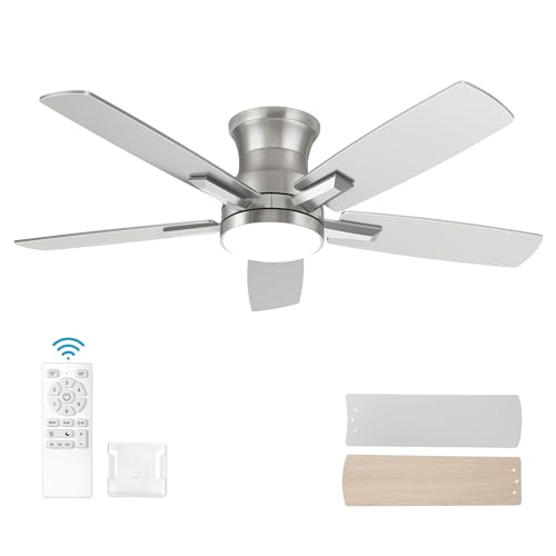 42 Inch Flush Mount Brushed Nickel Ceiling Fan with Light and Remote...