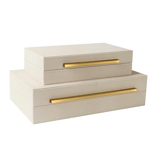 Image of Sagala Set of 2 Beige Shagreen Decorative Boxes With Gold Metal Handles, Faux Leather Jewelry Boxes Modern Storage Boxes Photo Boxes Memory Boxes Home Organizer (Beige-Gold Handle)