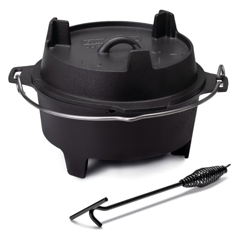 Grillfürst Dutch Oven Set ca. 4 Liter - stabil stehender Feuertopf durch spezielle T-Füße, hitzebeständiger Gusseisen Topf, Deckel als Pfanne nutzbar, DO 4 inkl. Deckelheber 35cm