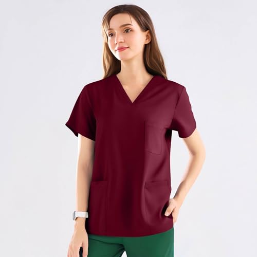 Image of FONMA Scrub Tops Women Plus Size Stretchy V-Neck Scrub Shirts with 4 Pockets Breathable Short Sleeve Nurse Uniforms